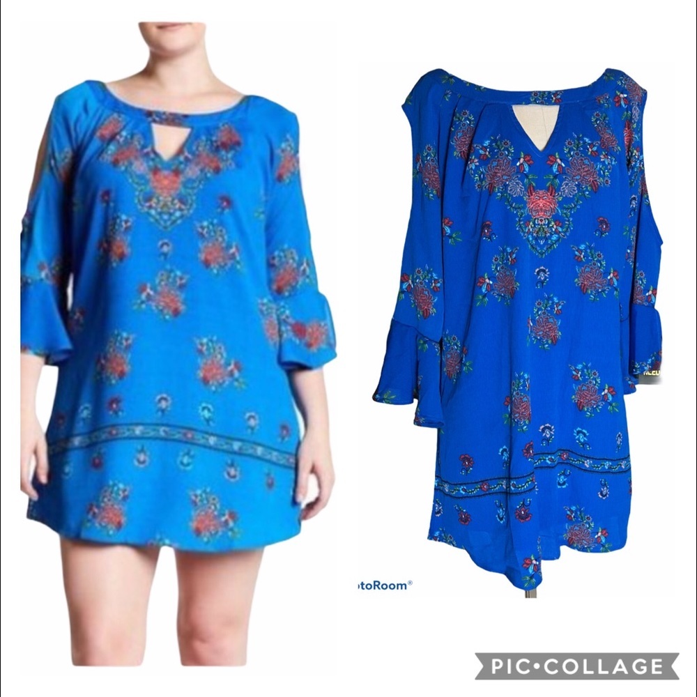WANT AND NEED Cold Shoulder 3/4 Bell Sleeve Dress